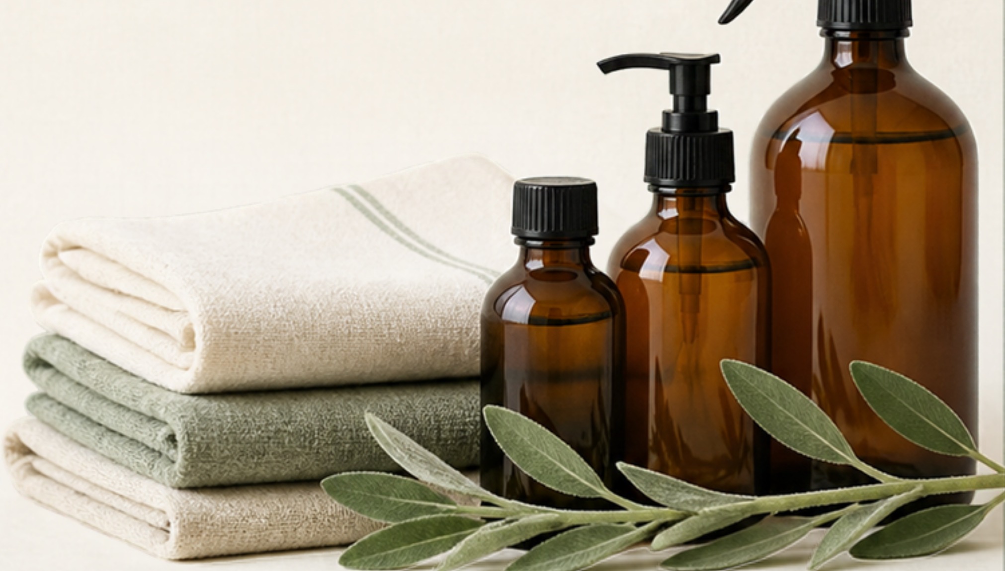 Amber glass bottles, folded linen and a sprig of sage